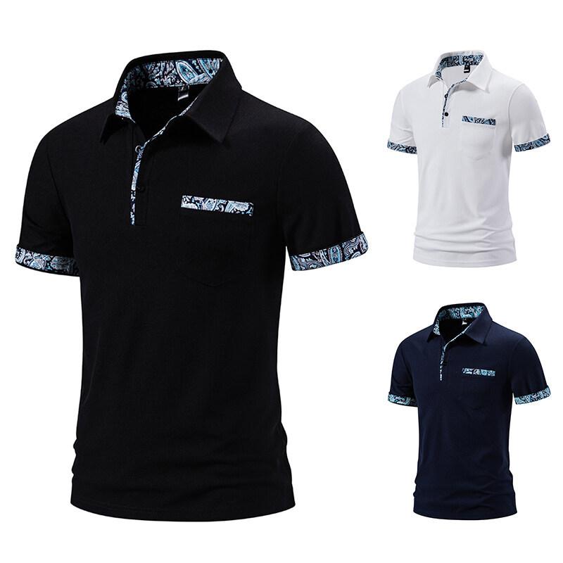 メンズ 短袖 Tシャツ ポロ風 ペイズリー柄 配色 翻領 夏用 通勤 ビジネス ゆったり シルエット 薄手 軽量 吸湿速乾 抗菌 ポリエステル 再生繊維 シルクタッチ 白 黒 ネイビー ストリート カジュアル トップス