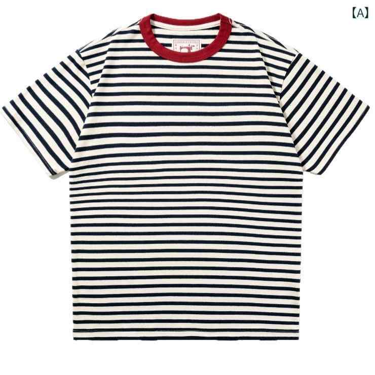 Tシャツ メンズ 夏用 純棉 短袖 条紋 ビンテージ 海魂衫 黒白切り替え 赤縁 ゆったりシルエット 丸首 薄手 透気性 色牢度高 休? 日常使い 通勤 通年対応 吸湿速乾 精梳棉 オリジナルデザイン