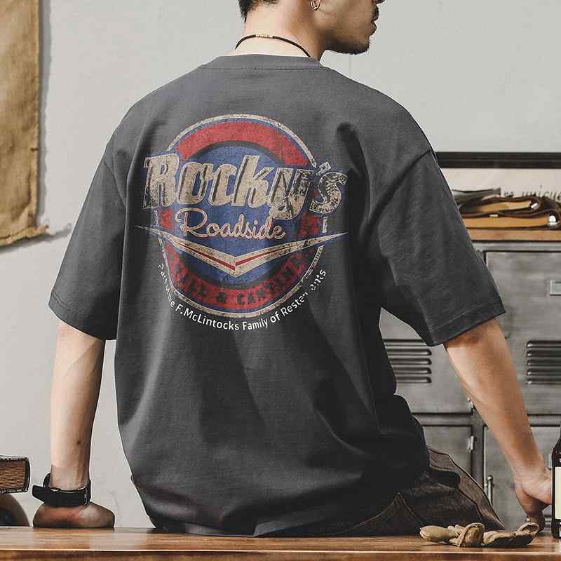 メンズ 短袖 Tシャツ 復古 デザイン コットン 100% 薄手 ゆったり シルエット 落肩袖 丸首 無地 ロゴプリント 抑菌加工 グレー ブラック 夏用 トップス 半袖 カジュアル ストリートファッション 日常使い 軽量 吸汗速乾 伸縮性