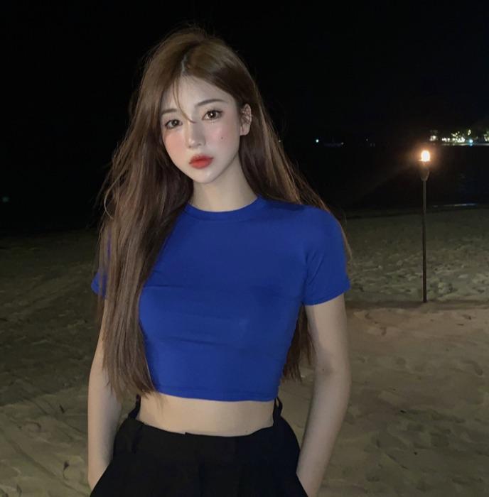 Tシャツ 女性用 短袖 修身 弾力 微透視 純色 丸首 超短丈 綿素材 接触冷感 通勤 淑女 ダンス 上衣 気質 ブラック グレー レッド ホワイト 宝石ブルー ベージュ ネイビー 4,313円