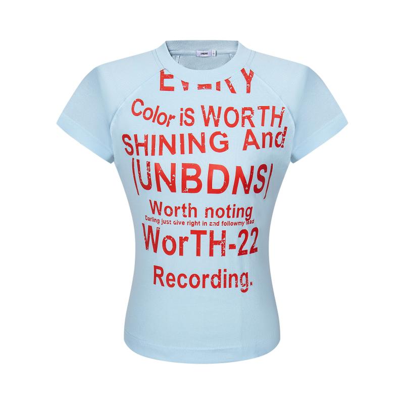 Tシャツ 女性用 夏 かわいい 潮流 スタイル 気質 通勤 短袖 トップス 丸首 セットインスリーブ 普通丈 印花 デザイン アルファベット柄 数字柄 文字柄 レギュラーフィット スリム シルエット 花柄グレー 天藍色 再生繊維 素材 吸湿速乾 軽量 接