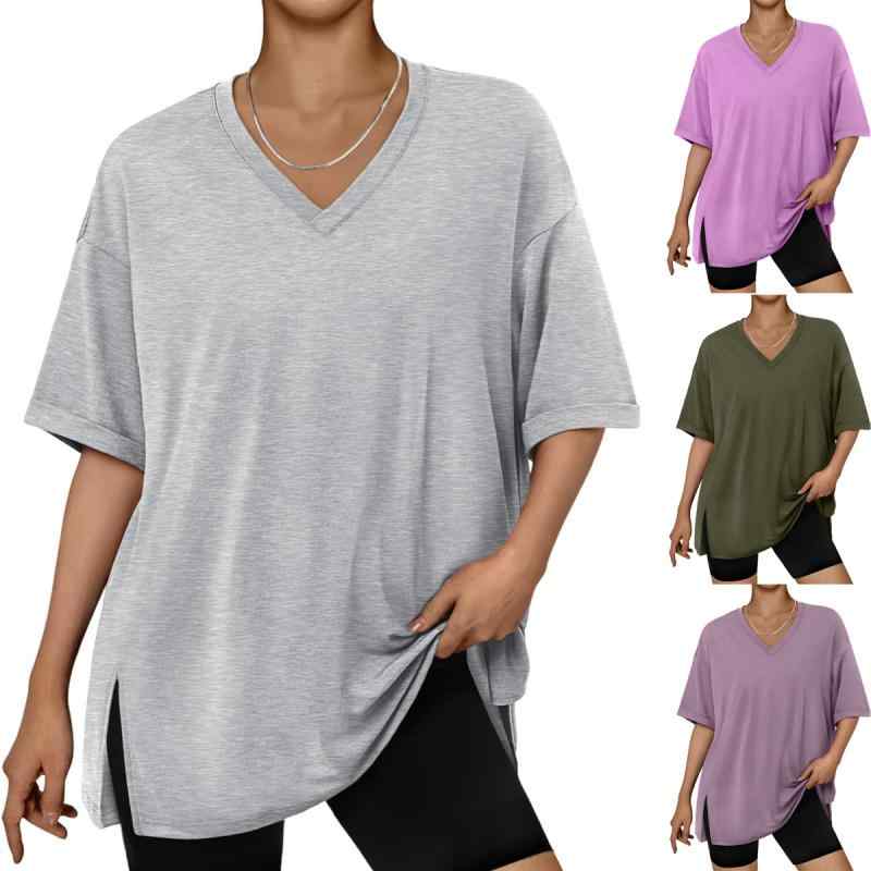 Tシャツ 女性用 春夏 Vネック 短袖 開き トップス 純色 ゆったり シルエット ポリエステル 混紡 スパンデックス 混紡 切り替え デザイン セットイン スリーブ ルーズフィット 快適 日常使い かわいい スタイル ホワイト グレー ブラック ディー