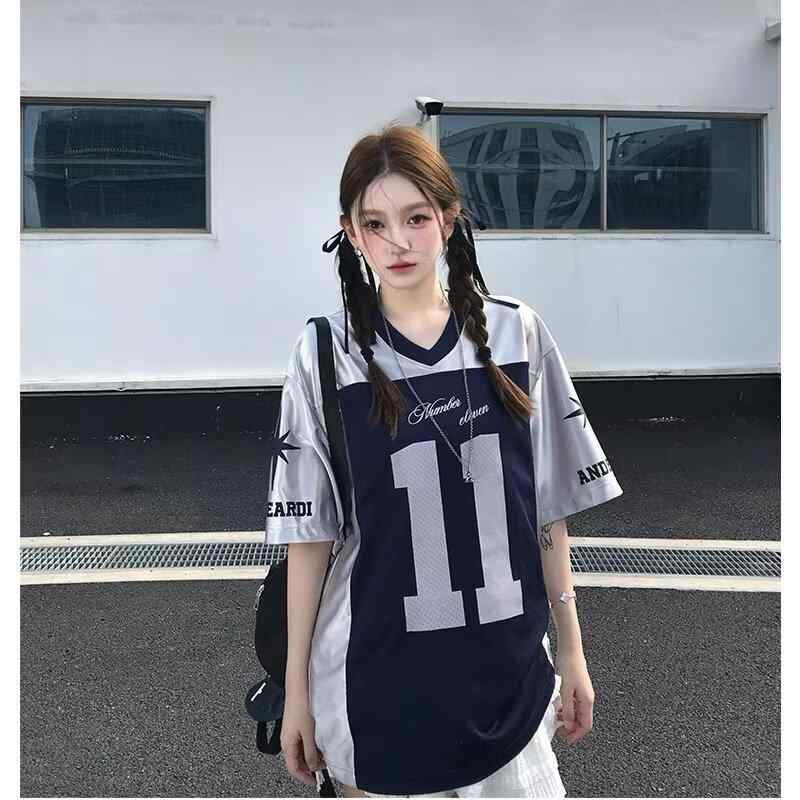 Tシャツ 女性用 短袖 ヴィンテージ風 ポリエステル 接触冷感 切り替え 撞色 刺繍 幾何学柄 ストリート ヒップホップ ルーズフィット かわいい クール ネイビー ホワイト 通勤 普段使い 軽量 吸湿速乾 春夏 4,339円