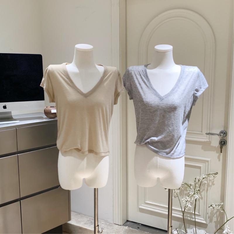 Tシャツ 女性用 短袖 Vネック 純色 軽量 通気性 天?素材 接触冷感 燕麦色 グレー かわいい 夏服 スリムシルエット 清新スタイル 吸湿速乾 再生繊維 ソフトタッチ 日常使い ビッグシルエット