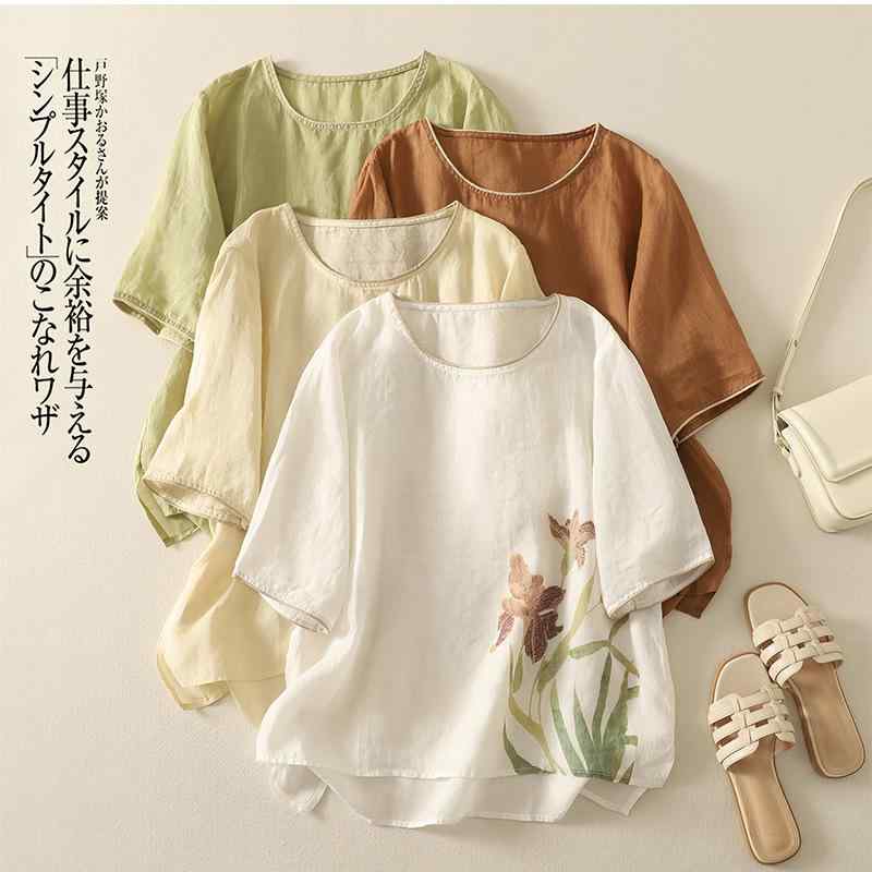 レディース Tシャツ トップス 夏 春夏 短袖 丸首 プリント柄 綿素材 ゆったりシルエット インナー 普段使い カジュアル 復古風 快適 白色 杏色 ライトグリーン オレンジ