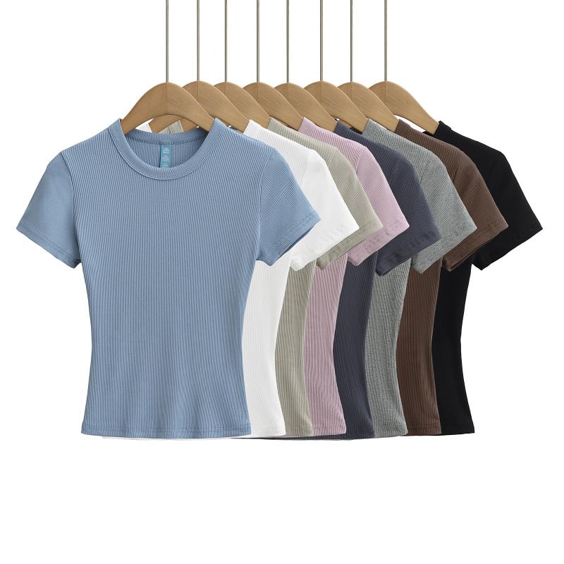Tシャツ レディース 春夏 短袖 トップス 修身 弾力 接触冷感 ポリエステル スパンデックス 切り替え デザイン 丸首 超短丈 気質 通勤 普段使い ブラック ホワイト グレー ピンク ブルー ブラウン 吸湿速乾 軽量 伸縮性 高級感 カジュアル スタ