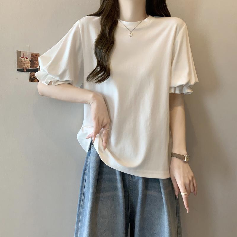 Tシャツ 女性用 短袖 ワイドシルエット 灯籠袖 泡泡袖 ラウンドネック 純色 コットン 切り替え フレアエッジ 夏 春夏 通勤 普段使い 軽量 吸湿速乾 かわいい 清新 甘め スタイル トップス 半袖 上衣