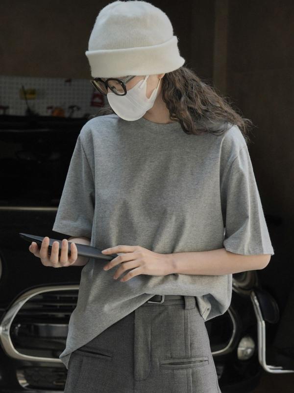 T ティーシャツ レディース 春夏 韓国風 分かりやすい 廓形 パステル色の綿 短袖 トップス 広広とした影ぼうし ルーズフィット か細い成り行き 朦朦たる 下穿き ゆったり 心地よい 日常使い走り うつり変わり 絵図面 セットアップ 無地 丸首 決まりきった丈 白いこと 黒いこと 薄墨色 トップス-レディースファッション-Tシャツ・カットソー
