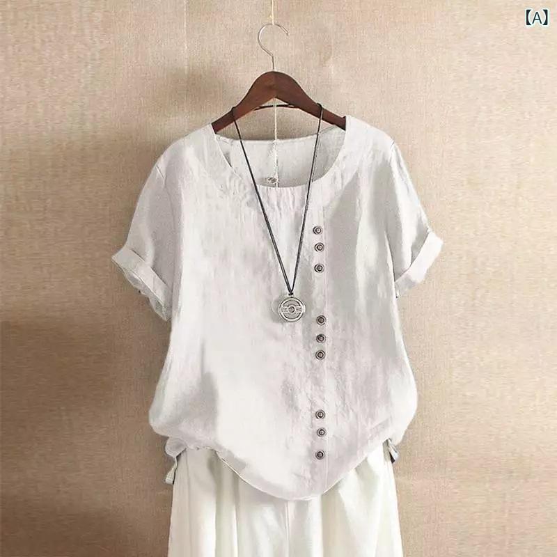 レディース Tシャツ トップス コットン 綿麻 切り替え 短袖 丸首 ゆったり ルーズフィット ミドル丈 無地 プリント 気質 通勤 普段使い 快適 軽量 吸湿速乾 白色 軍緑 ネイビー ライトブルー ミントグリーン ブラウン ダークブルー ダークグリー｜LiLishop6