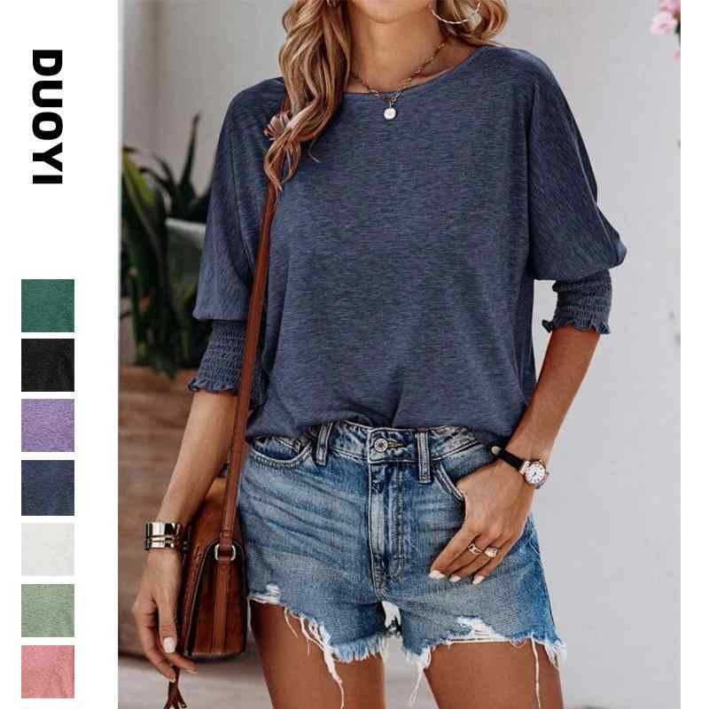 Tシャツ レディース 夏 短袖 丸首 ルーズフィット コットン混 再生繊維 切り替え プリーツ バットスリーブ ミドル丈 ビッグシルエット ストリートカジュアル 普段使い 通勤 軽量 吸湿速乾 深ブルー ピンク 紫 ホワイト ブラック ダークグリーン