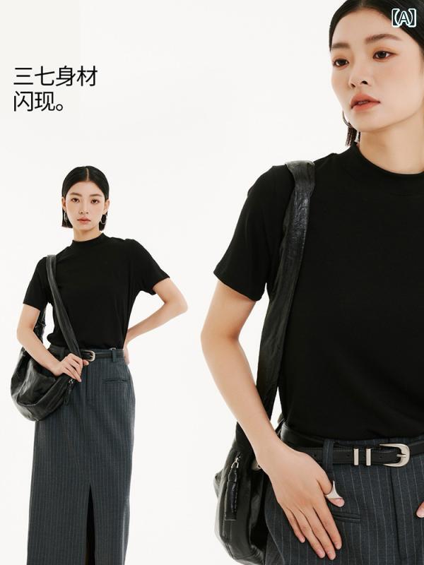 レディース Tシャツ 短袖 半高領 コットン 綿素材 通勤風 黒 白 岩焼褐 大型灰 春夏 トップス インナー 外出着 レイヤード シンプル 日常使い 軽量 伸縮性 普通丈 50-65cm ゆったりシルエット ベーシック スタイリッシュ