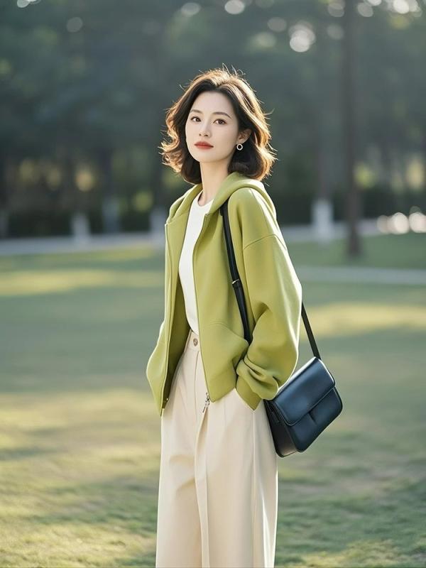カーディガン 女性用 緑 春夏 コットン ポリエステル 長袖 フード付き ラウンドネック ゆったりシルエット 普通丈 50cmから65cm フリルスリーブ ジップアップ 切り替えデザイン ラグジュアリーテイスト ユニークスタイル 日常使い 快適素材 吸湿