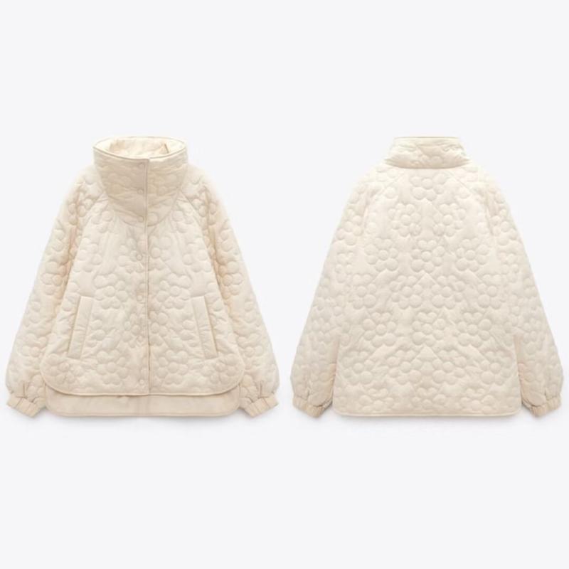 コート 女性用 秋冬 米白色 立襟 ワイドシルエット シングルブレスト フラワーパターン キルティング 綿服 ジャケット ロング丈 長袖 薄手 ポリエステル 綿 伸縮性 気質 通勤 普段使い 優雅 軽量 暖か 再生繊維