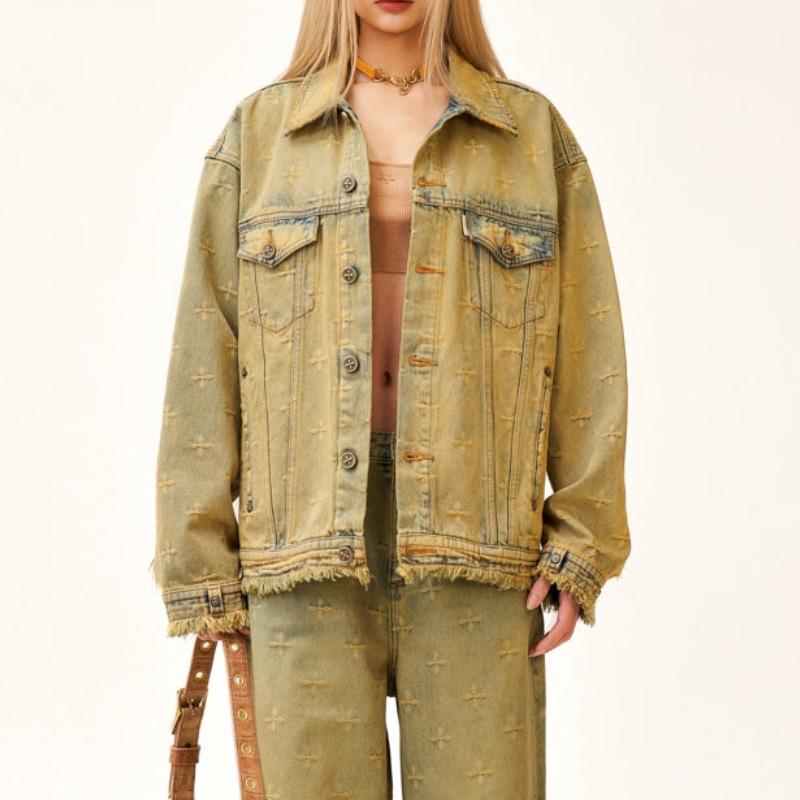 ジャケット 女性用 春夏 デニム コットン ワイドシルエット ロングスリーブ ターンカラ シングルブレスト プリント加工 ヴィンテージ風 ジオメトリック柄 ルーズフィット ミッドウェイト ストリートスタイル 普通丈 花柄 グリーン系 軽量 伸縮性 吸湿速