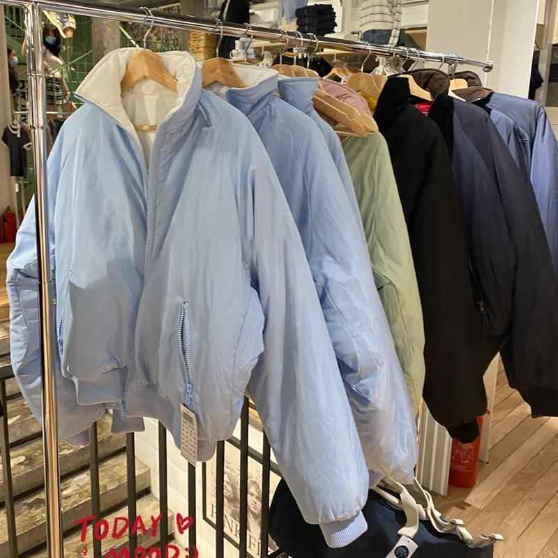 コート レディース 冬 短丈 スタンドカラー ジッパー 切り替え ダブルフェイス コットン 綿素材 厚手 長袖 かわいい ピンクグリーン 赤チェック ベージュグリーン ブルーホワイト ネイビーイエローグリーン フレッシュスタイル 暖か 通勤 普段使い