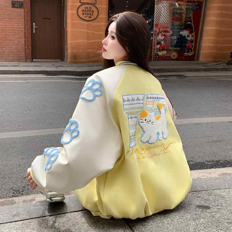 ユニセックス 春夏 刺繍 ジャケット コート トップス 切り替え デザイン 風 立領 長袖 ポリエステル 再生繊維 フリース ライニング 軽量 暖か かわいい 甘め スタイル ルーズ フィット 黄色 ピンクベージュ ブルー 通勤 通学 カジュアル 普段使