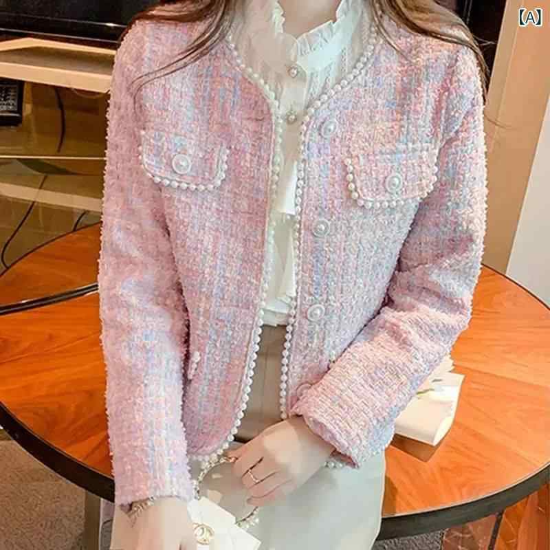 レディース ショート丈 ジャケット ピンク 杏色 粗花・希 ポリエステル 接触冷感 中厚手 長袖 ラウンドネック ビーズ刺繍 シングルブレスト 都市通勤 気質スタイル クラシック 軽量 伸縮性 ハイエンド 春夏秋冬