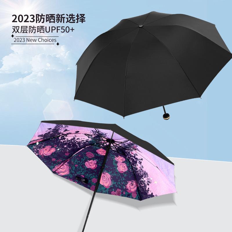 折りたたみ 日傘 女性用 晴雨兼用 超強力 紫外線対策 UPF50+ 黒塗り 二層構造 折りたたみ式 軽量 コンパクト 鉄骨 8本骨 手動開閉 防風 防雨 190T ポリエステル 衝撃布 創造的 トレンド 夜色ローズ 夢幻ローズ 花間小猫 原野?菊 幻蓮