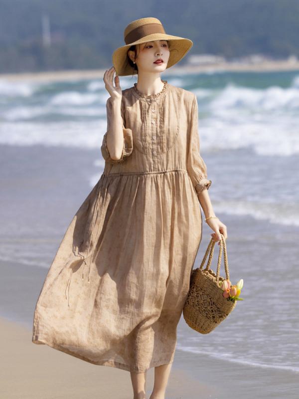 ワンピース レディース 春夏 七分袖 花柄 ?麻 フレア袖 レース襟 焼花加工 Aライン 中長丈 ワンピース ドレス 花色 植物柄 花卉 切り替え デザイン ゆったり腰回り 日韓スタイル カジュアル ワンピース トップス ロングスカート 復古風 軽量 通