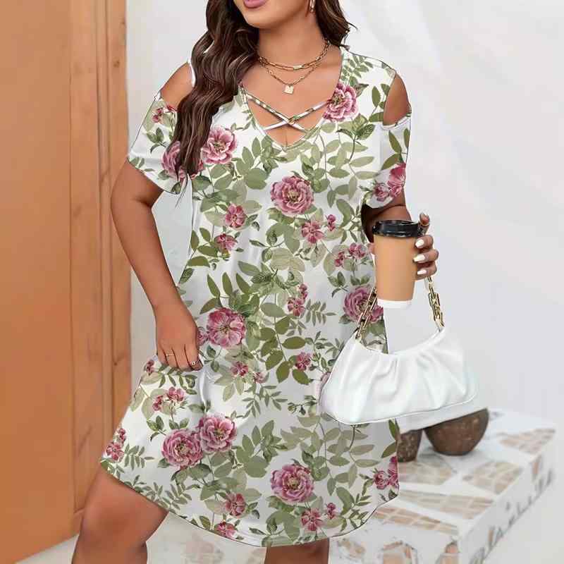 ワンピース レディース 春夏 インナー 花柄 植物柄 プリント 加工 肩出し Vネック 短袖 セットアップ 単品 中丈 Aライン 中腰 切り替え デザイン 清新 かわいい 甘め 気質 優雅 スタイル ポリエステル ポリウレタン 伸縮性 吸湿速乾 軽量 通