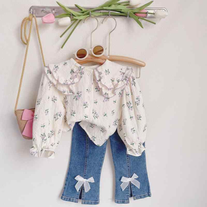 女児服 春秋 トップス シャツ 長袖 花柄 かわいい 蝶結び セット ボトムス デニム 長ズボン 柔らかい 混紡素材 ポリエステル 紫 イエロー 3-8歳 100-140cm 日常使い カジュアル