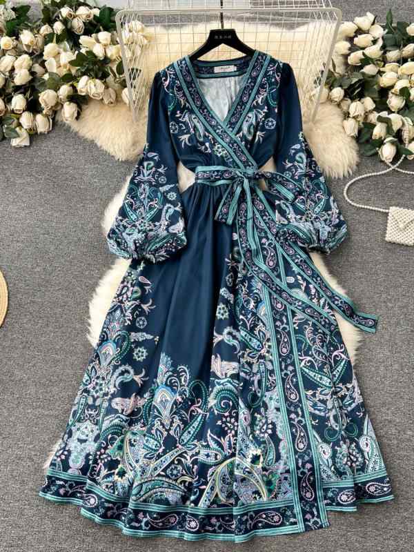ワンピース 女性用 春夏 フレンチスタイル 軽量 接触冷感 PVC 切り替え 収腰 花柄 プリント ミドル丈 ロングスカート POLO 襟 プリンセス スリーブ 七分丈 袖 インクグリーン ネイビー ゆったり シルエット 吸湿速乾 伸縮性 日常使い 優雅