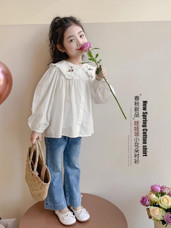 女児 シャツ メンズ トップス 長袖 春夏 秋冬 綿 100% 柔らかい かわいい 花柄 田園 プリンセス スタイル 白色 ライトカラー 通学 普段使い 伸縮性 吸湿速乾 軽量 3-8歳 100-140cm