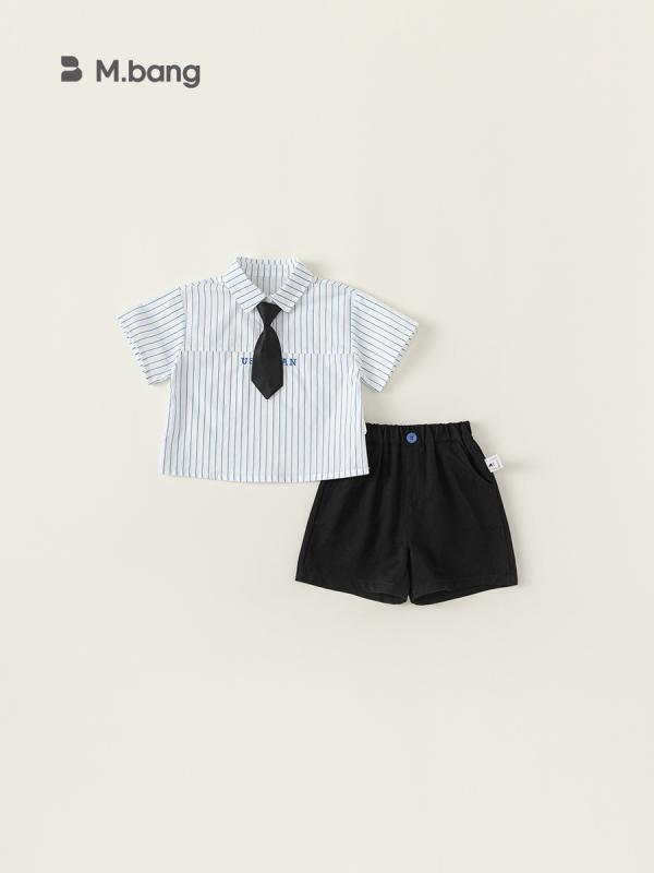 キッズ 男の子 学院風 夏用 綿100% 短袖 条紋 シャツ 短パン セット 薄手 軽量 吸湿速乾 通学 普段使い 3～8歳 100～140cm