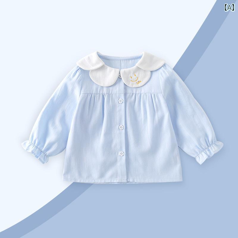 女児 シャツ トップス 長袖 綿 100% 柔らかい コットン 純色 春秋 プリンセス デザイン 1 ～ 6 歳 女の子 白 ブルー 長袖ブラウス 百搭 上着 柔軟 素材 安全 A クラス