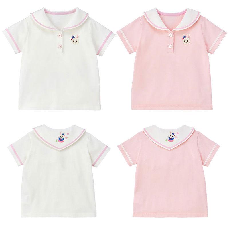 子供 女の子 トップス シャツ 短袖 丸首 コットン 柔らかい 綿素材 かわいい ウサギ刺繍 アルファベット刺繍 春 秋 冬 通年 日常着 遊び着 ユニセックス 3～8歳 100～140cm ピンク ホワイト 軽量 伸縮性 吸湿速乾 通勤 部屋着