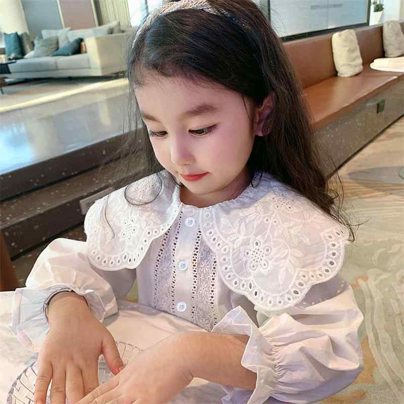 女の子 シャツ トップス 子供 女児 長袖 綿 白 柔軟 ふんわり レース 花辺 フリル 丸襟 翻領 純色 春秋 春夏 秋冬 韓風 日常 学校 遊び着 伸縮性 通気性 肌触り良い 軽量 3-8歳 100-140cm