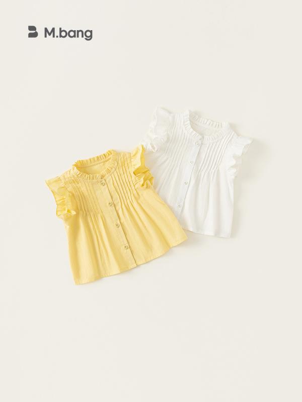 女の子 トップス 女児用 夏用 プレーツ 開襟 シャツ 花柄袖 無袖 綿素材 柔らか かわいい 花辺 デザイン 白色 黄色 紫色 粉色 純色 軽量 吸湿速乾 3～8歳 中小サイズ