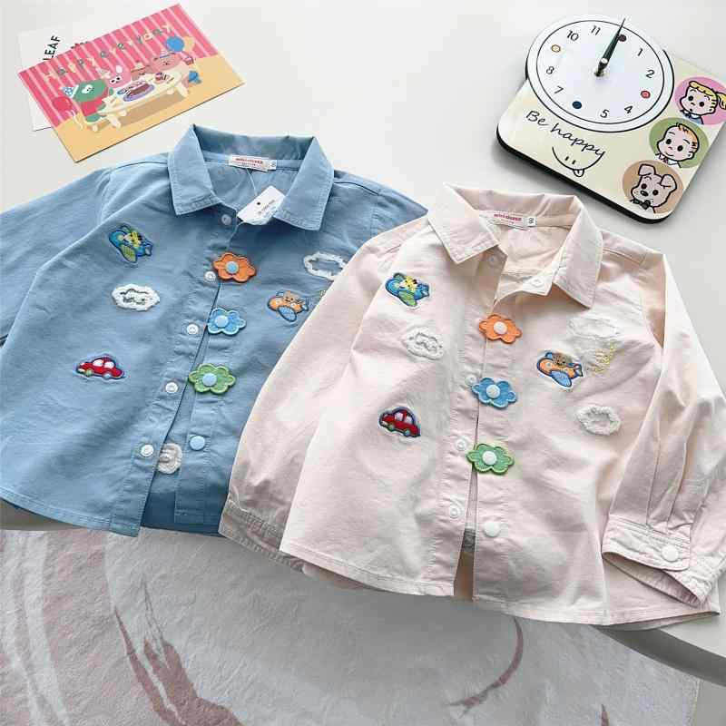 キッズ シャツ 長袖 綿 刺繍 かわいい 熊 飛行機 プリント トップス 柔らかい 素材 ゆったり シルエット 日式 スタイル 米色 ブルー 3～8歳 女の子 男の子 通学 普段使い 春 秋 子供服 ユニセックス コットン コーマ 肌触り 良い 軽量 吸