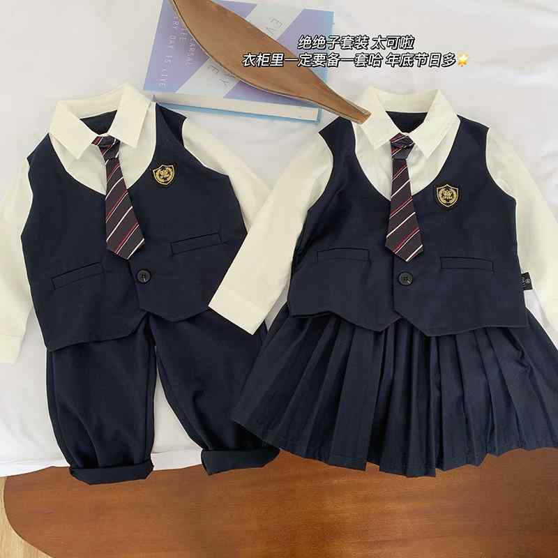 キッズ 男の子 女の子 秋季 長袖 シャツ 長ズボン 百褶スカート セット 綿混 ポリエステル 柔軟素材 英倫スタイル 運動要素 潮ファッション 純色 長丈 長袖 普通厚 単排ボタン 中小児 3～8歳 通学 普段使い 学校スタイル カジュアル ユニセック