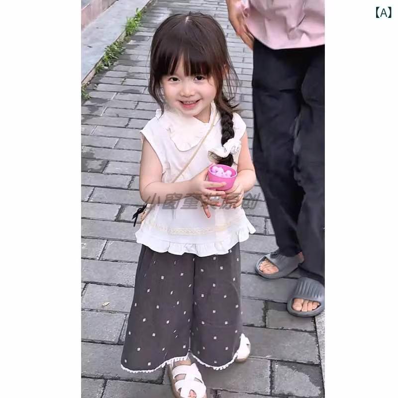 女児 キッズ 女の子 夏 夏季 無袖 ベビー トップス シャツ セット 上下 綿 コットン 柔らか素材 薄手 軽量 かわいい ポルカドット 波点 プリント ワイドパンツ 七分丈 ロングパンツ 韓国風 洋気 潮范 スタイリッシュ 3～8歳 90～140cm