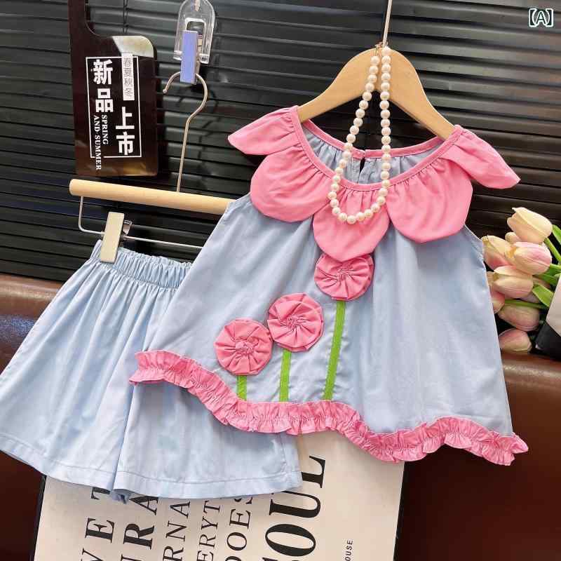 お嬢さん セットアップ 夏服 愛くるしい さくら色系 当たること冷感 綿混紡 トップス さる股引き 2点書き割り 薄っぺら パステル色の 無袖 短丈 書き割り さくら色 点火装置青碧 日常使い走り 冷やりとした 伸縮性 軽さ 通気性 花柄 声遣い お嬢さん ちびっ子服 3～8歳 100～140珊(x3)