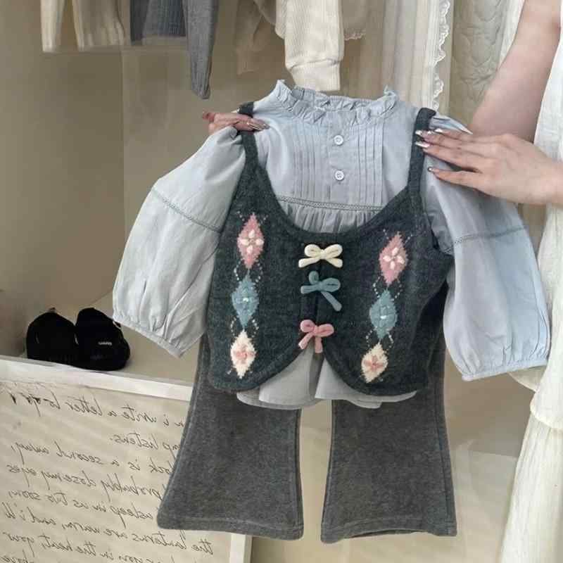 女児 秋服 セット 綿 長袖 トップス 蝶結び 背心 花柄 シャツ グレー ロングパンツ 柔らかい 素材 3～8歳 かわいい 韓風 カジュアル 普段使い 春秋 普通厚 安全 普通縫製
