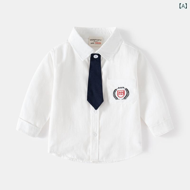 キッズ 男の子 長袖 シャツ 綿 100% 方領 刺繍 柄 柔らかい素材 英倫風 春秋 かわいい 普段使い 通学 トップス 長袖トップス 綿素材 柔軟加工 カード柄 クラシックスタイル 軽量 吸湿性 伸縮性 ホワイト ライトブルー カジュアル 学校用