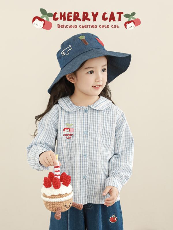 女の子 シャツ 春秋 キッズ トップス 長袖 格子柄 チェリー猫 刺繍 かわいい コットン風 ポリエステル 柔らかい 清新 トレンド 日常使い 学校用 3～8歳 100～140cm ブルー 軽量 伸縮性 吸湿速乾 ハイネック スタンダードシルエット ラウ