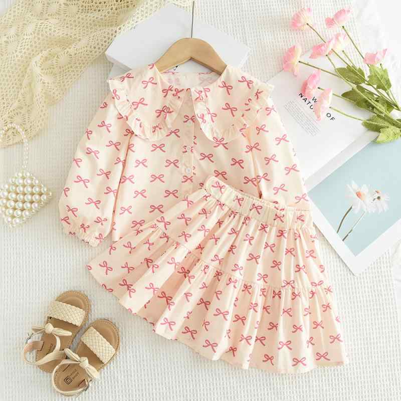 女の子 子供服 スカートセット 長袖 トップス プリント 蝶結び 花柄 コットン 100% ピンク ホワイト ブラックフラワー ブルー ベージュ かわいい カジュアル 春夏 秋 3～8歳 中小童 通学 遊び着 伸縮性 軽量 通気性 100～140cm 対