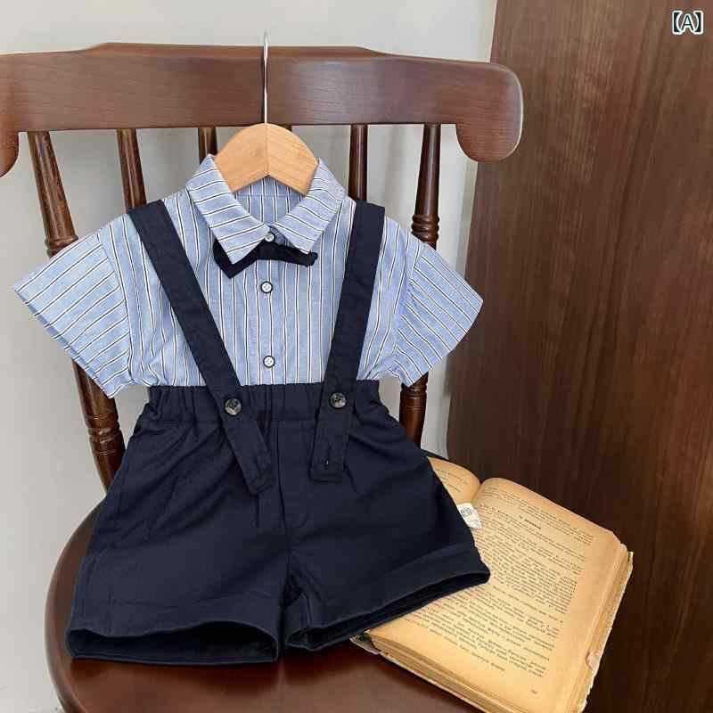 子供服 男の子 ベビー 夏 セット トップス 短袖 シャツ 背広パンツ 2点セット 綿100 柔らかい 薄手 条紋 チェック 韓風 カジュアル 潮 1～3歳 80～100cm 吸湿速乾 通気性 軽量 普段使い 遊び着 赤ちゃん 幼児 男児 ソフト スタイ