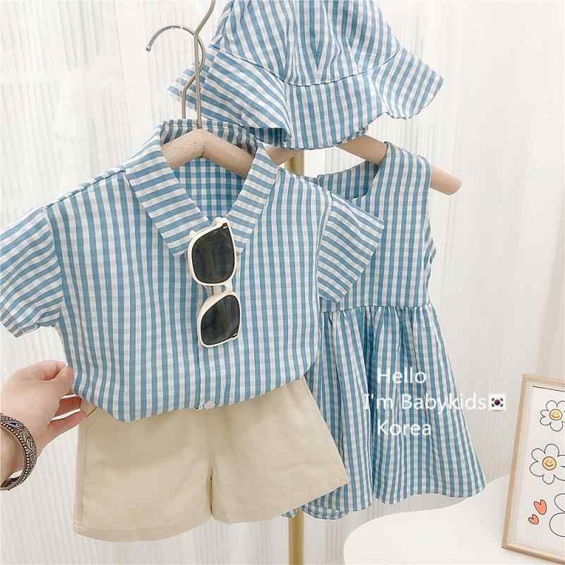 子供服 キッズ 男女兼用 夏服 セットアップ シャツ 短パン 綿素材 柔らかい 薄手 格子柄 チェック柄 兄妹お揃い 兄妹コーデ 短袖 子供用 3～8歳 通気性 吸湿性 普段使い カジュアルスタイル 藍白 ブルー ホワイト 夏向け 子供服