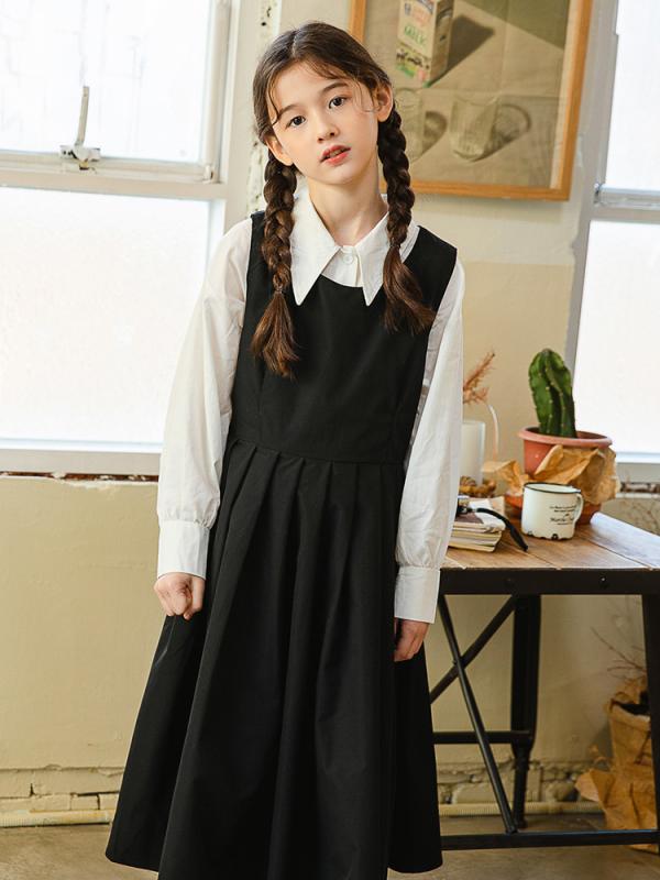 女児 セットアップ 春夏 秋冬 韓風 女の子服 かわいい プリンセススタイル トレンド 長袖 尖襟 シャツ ブラウス トップス 黒 背広スカート 背?スカート プリーツスカート 綿素材 柔軟 肌触り良い 普通厚 通学用 普段使い 110cm 120cm