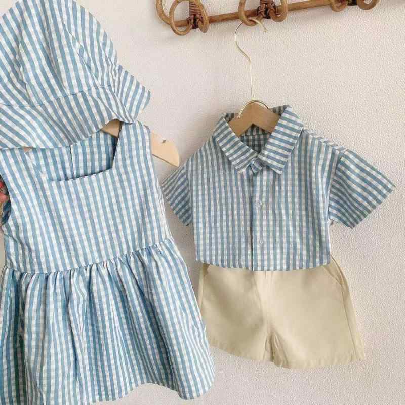 キッズ 女の子 男の子 ベビー 春夏 セット トップス スカート ショートパンツ 薄手 コットン 格子柄 かわいい プリンセス スタイリッシュ 兄妹お揃い 1-6歳 80-130cm 吸湿速乾 通気性 軽量 短袖 シングルボタン クローズド デザイン 夏