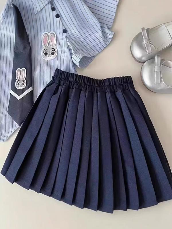 女児 春夏 セット トップス プリーツスカート 薄手 ?? 再生繊維 柔らかい 加工 ライトブルー 学院風 印花 柄 短袖 無帽 軽量 通気性 かわいい 普段使い 3～8歳 女の子 服 夏服 涼しい 子供服 スカートセット トップスセット 女童服 軽やか