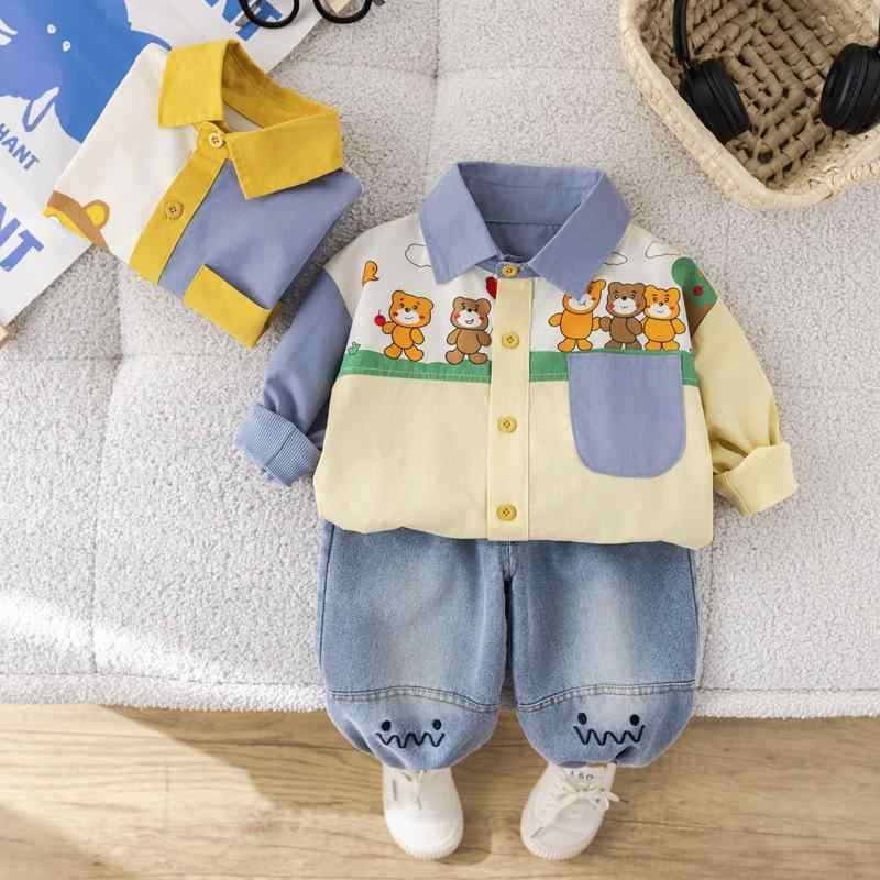 キッズ 男の子 長袖 シャツ 牛仔パンツ 2点セット 春秋 綿素材 コットン 90% 手描き小熊 プリント 切り替え デザイン 長袖 長パン 普通厚 コットン コットン カジュアル 日常使い 子供服 セットアップ ビッグシルエット 伸縮性 柔らかい 肌触