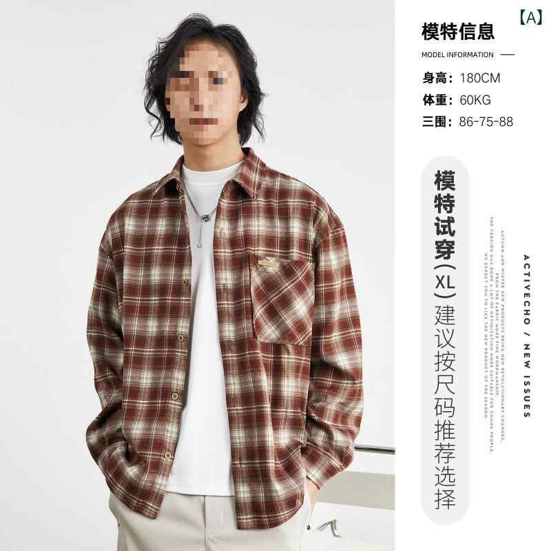 メンズ シャツ 長袖 フランネル 格子柄 春 秋 ワイドシルエット フラップポケット 都市 カジュアル スタイル 接触冷感 ポリエステル 混紡 洗濯機洗い可 赤 ブラウン ブラック