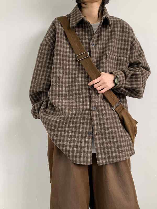 メンズ シャツ トップス 長袖 春秋 ヴィンテージ アメリカン レトロ カジュアル ゆったり ワイド フィット 百搭 ターン ダウン コラー シャツ ジャケット 化繊 混紡 免? ポリエステル ?? ポケット 装飾 黒 茶色 日常 着用 青少年 向け 港