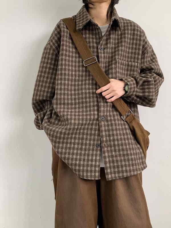 メンズ シャツ 長袖 春秋 ヴィンテージ アメリカン 復古 スタイル ゆったり ワイド フィット 百搭 ターン ダウン コラー トップス 化繊 混紡 免 アイロン ポリエステル コットン 混紡 ポケット 付き 日常 使い 黒 茶色 ポケット ディテール