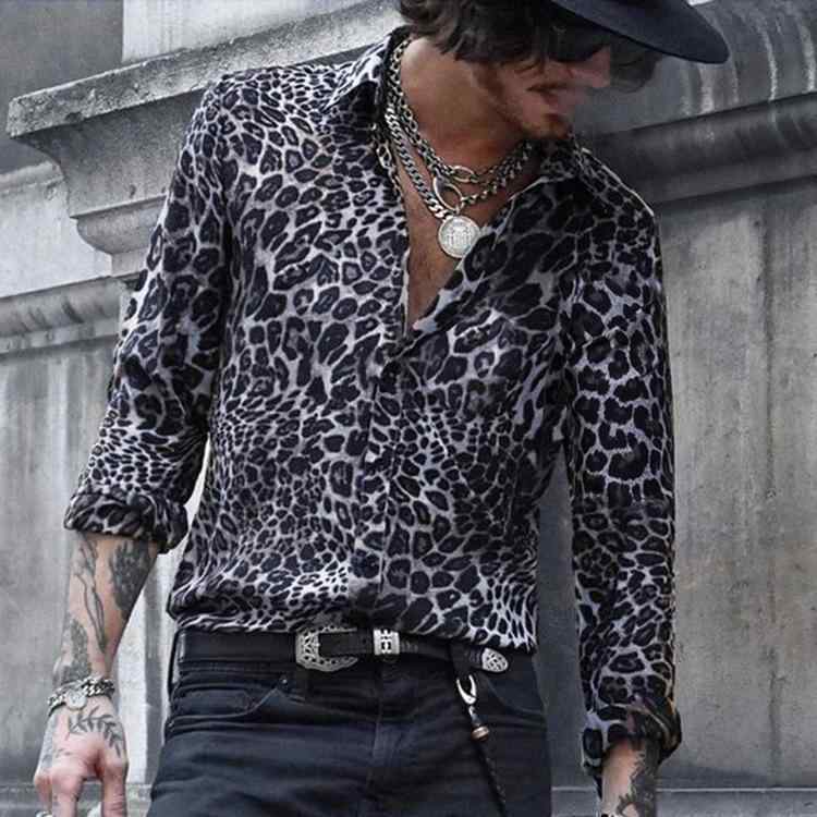 メンズ シャツ トップス 男性用 翻領 長袖 ヒョウ柄 プリント 薄手 修身 シルエット ポリエステル 混紡 接触冷感 吸湿速乾 軽量 通勤 普段使い 春夏 秋 ブラック ブラウン カジュアル スタイリッシュ